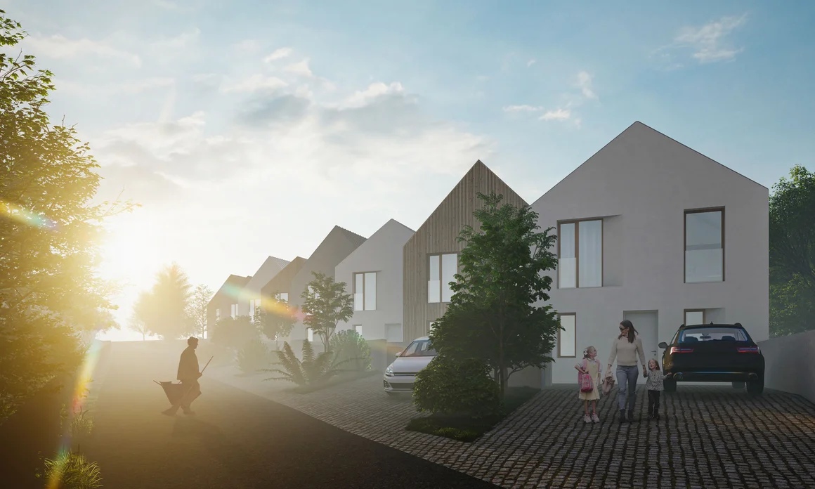 SEVEROZÁPADNÝ ULIČNÝ POHĽAD NA CELÚ RADU DOMOV. ZJAVNÝ JE ARCHITEKTONICKÝ VÝRAZ DOCIELENÝ ROVNOVÁHOU ČISTÉHO HMOTOVÉHO RIEŠENIA S ODČLENENÍM OBJEKTOV ICH ODLIŠNÝM TVAROM STRECHY A MATERIÁLOM FASÁDY
